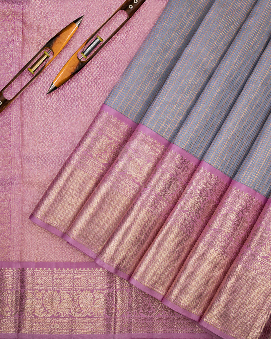 Powder Blue & Baby Pink Kanjivaram Silk Saree - S860 - View 3