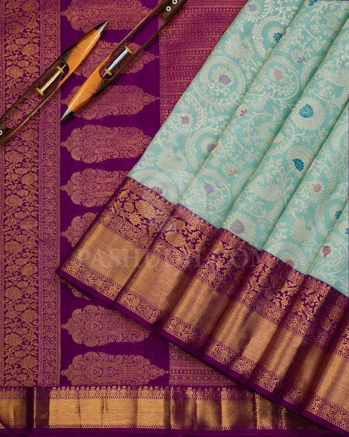 Powder Blue and Violet Kanjivaram Silk Saree - S964