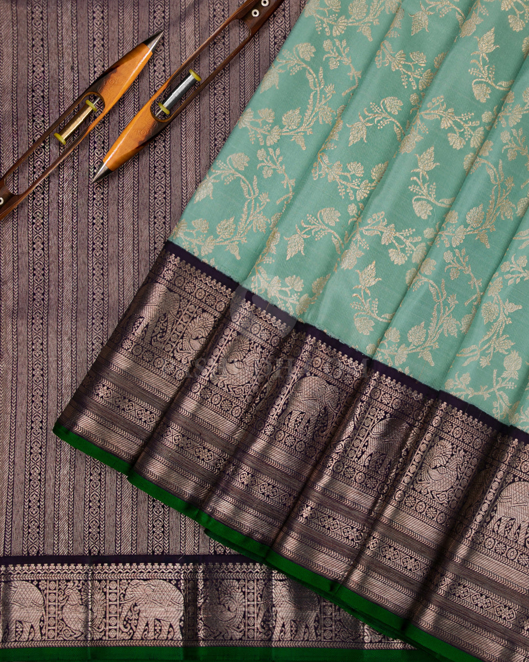 Light Green & Navy Blue Zari Kanjivaram Silk Saree - S826 -View 3