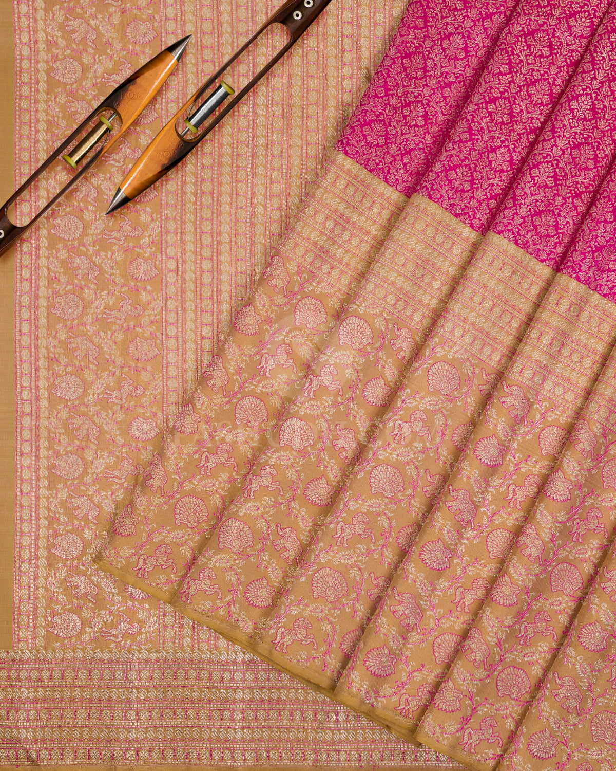 Bright Pink And Dark Beige Kanjivaram Silk Saree - S1095(B) - View 2