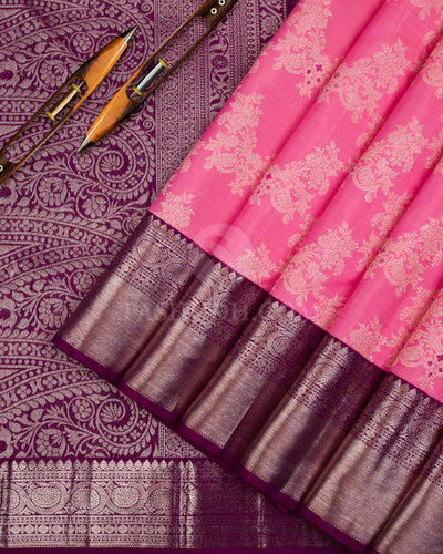 Bright Baby Pink & Violet Kanjivaram Silk Saree - S1093(A) - View 2