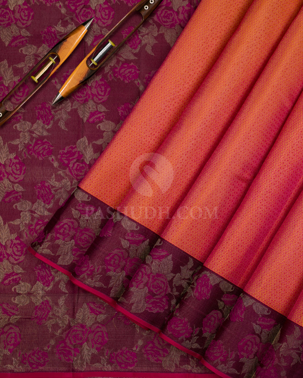 Pink Shot Orange and Purple Kanjivaram Silk Saree - DJ274(E) - View 1