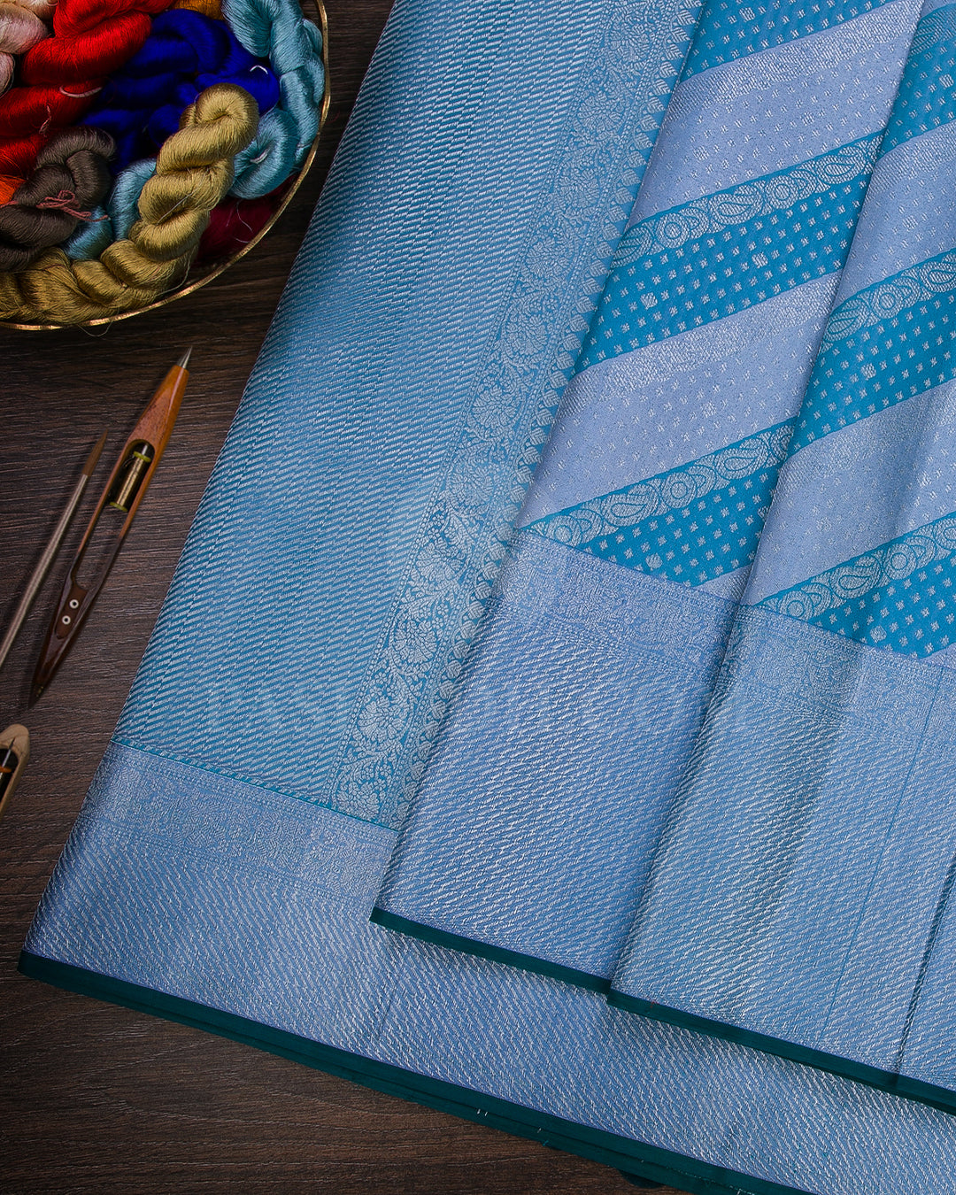 Powder Blue And Teal Blue Kanjivaram Silk Saree - D525(B)