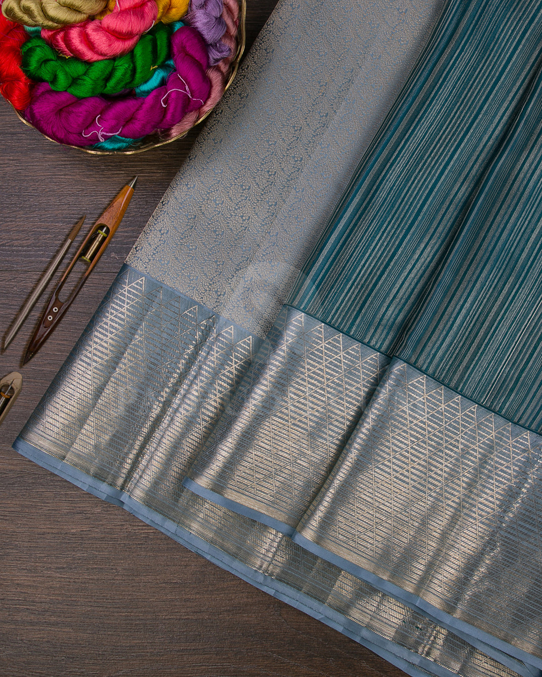 Peacock Blue And Powder Blue Kanjivaram Silk Saree - DT293(A)