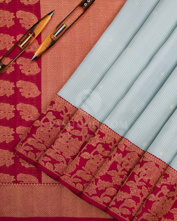 Powder Blue & Maroon Kanjivaram Silk Saree - S1138(A) - View 2