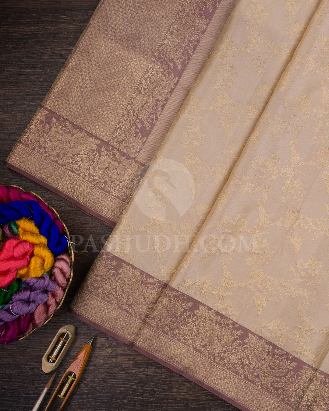 Cream And Mild Coffee Brown Kanjivaram Silk Saree -D594(C)