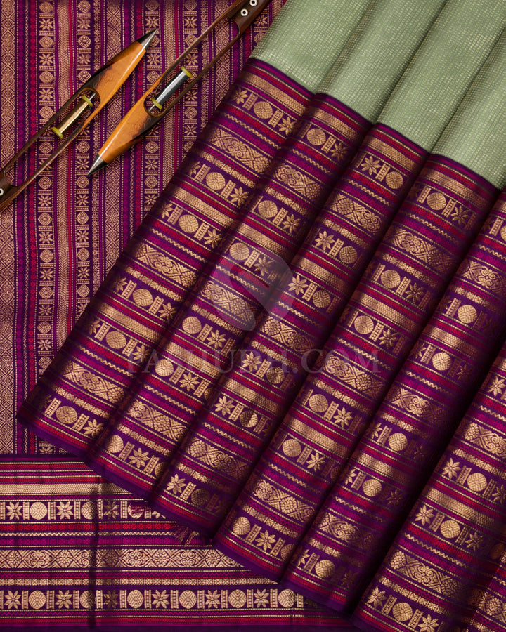 Pista Green and Violet Pure Zari Kanjivaram Silk Saree - S711 - View 1
