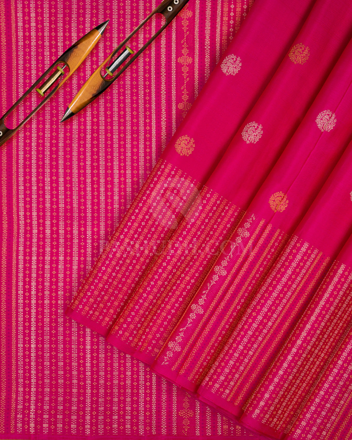 Rani Pink And Golden Khaki Kanjivaram Silk Saree - S1030(C) - View 2