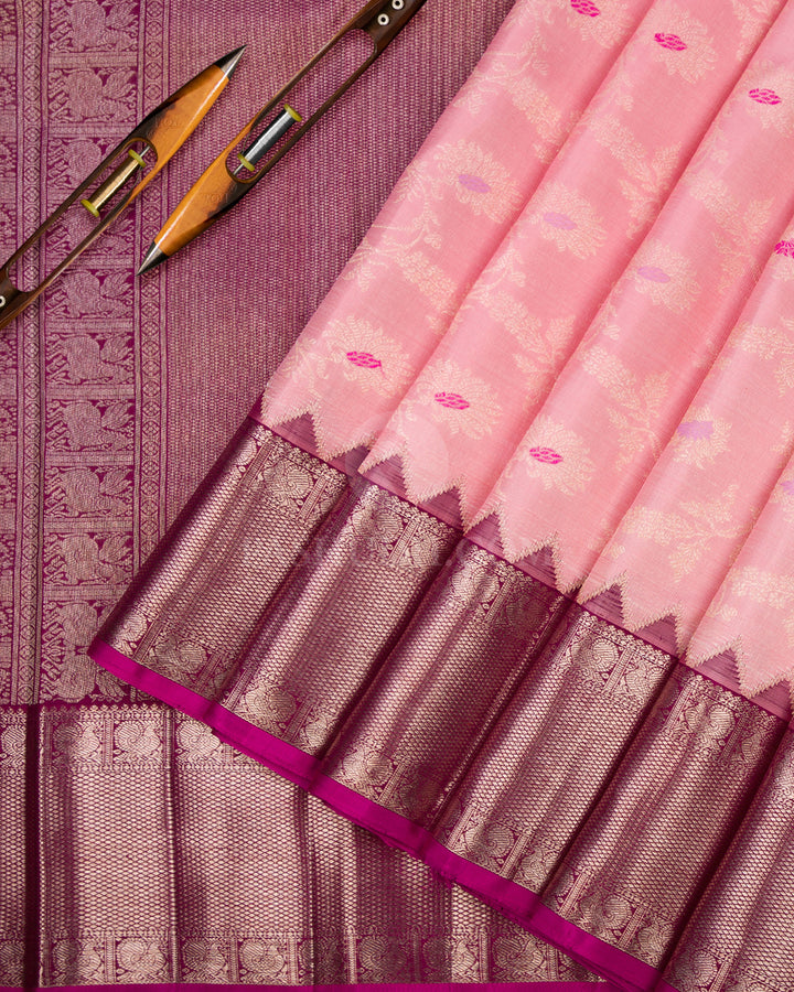 Pink & Burgundy Kanjivaram Silk Saree - S881 - View 3