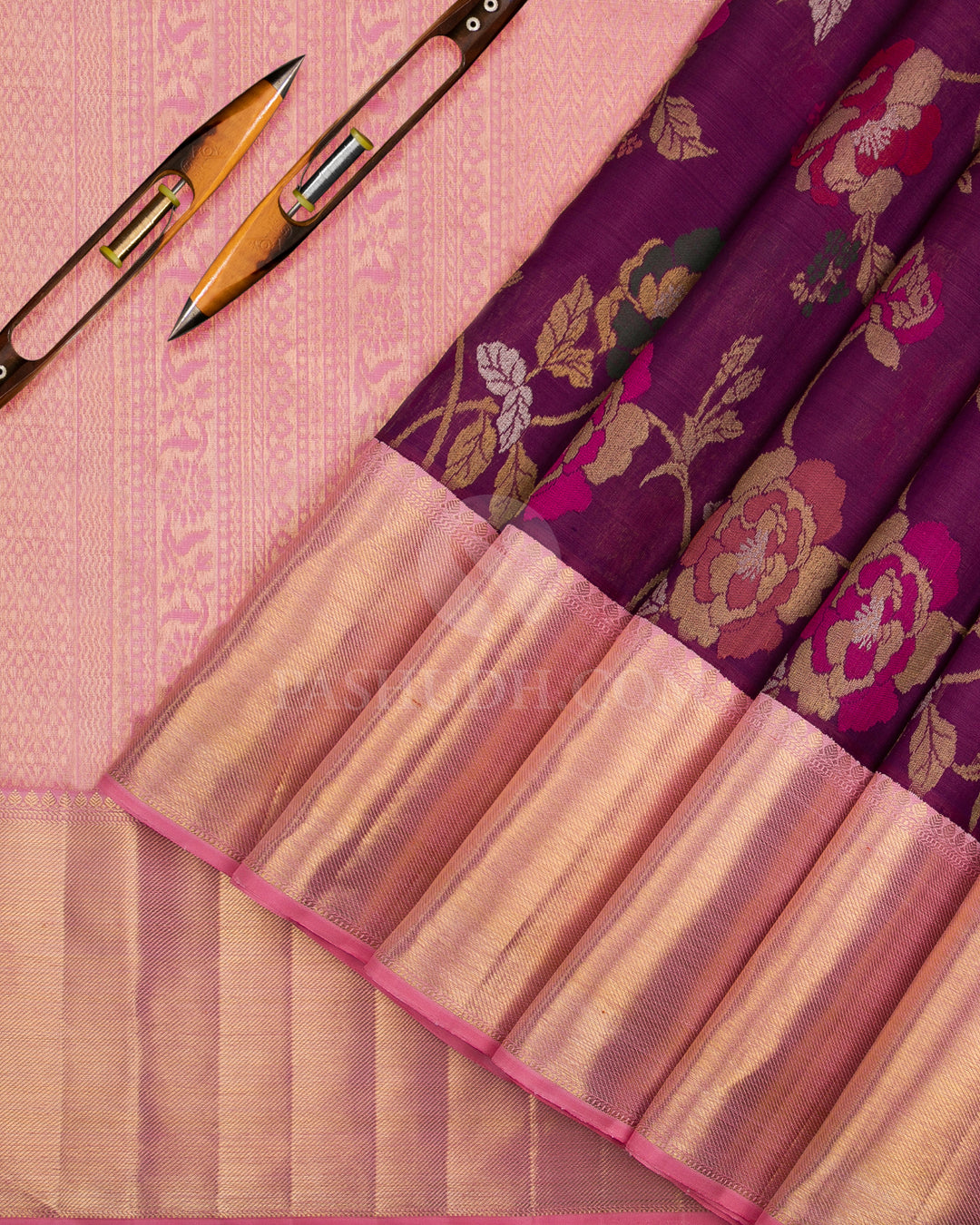 Purple & Baby Pink Pure Zari Organza Kanjivaram Silk Saree - P134(B) - View 2
