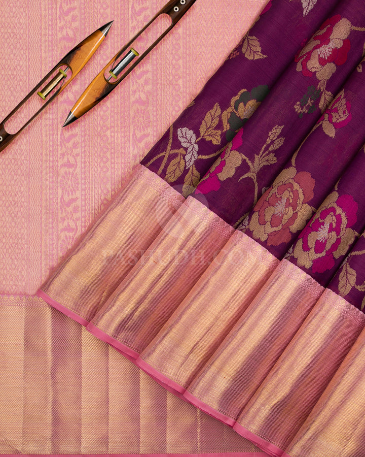 Purple & Baby Pink Pure Zari Organza Kanjivaram Silk Saree - P134(B) - View 2