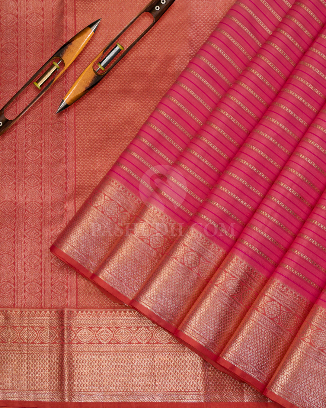 Pink & Coral Orange Kanjivaram Silk Saree - S976 - View 2