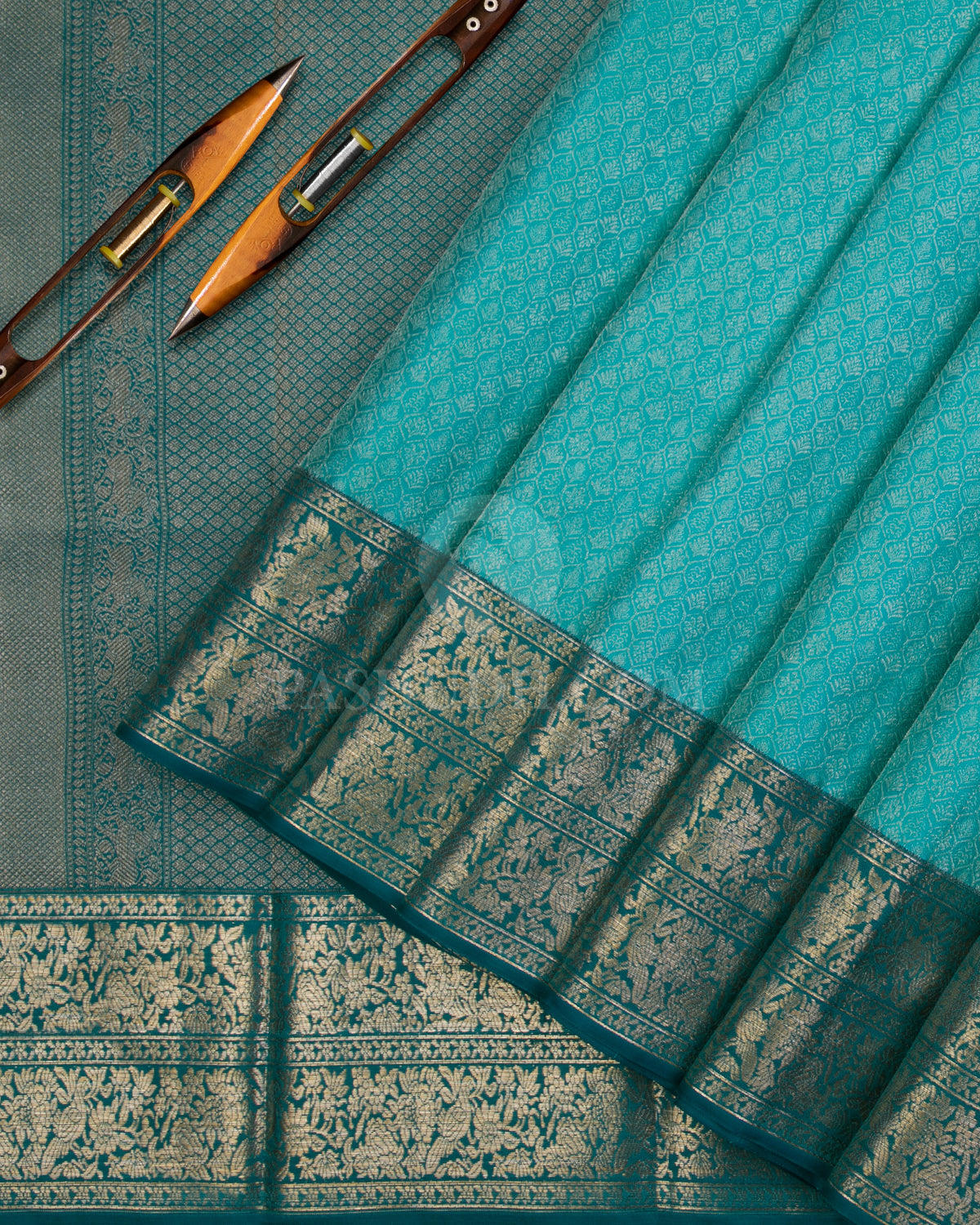 Turquoise Blue and Teal Kanjivaram Silk Saree - DT255(A) - View 1