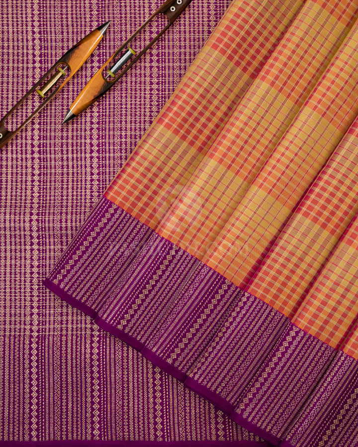 Yellow, Orange and Violet  Zari Kanjivaram Silk Saree - S728 -View 3
