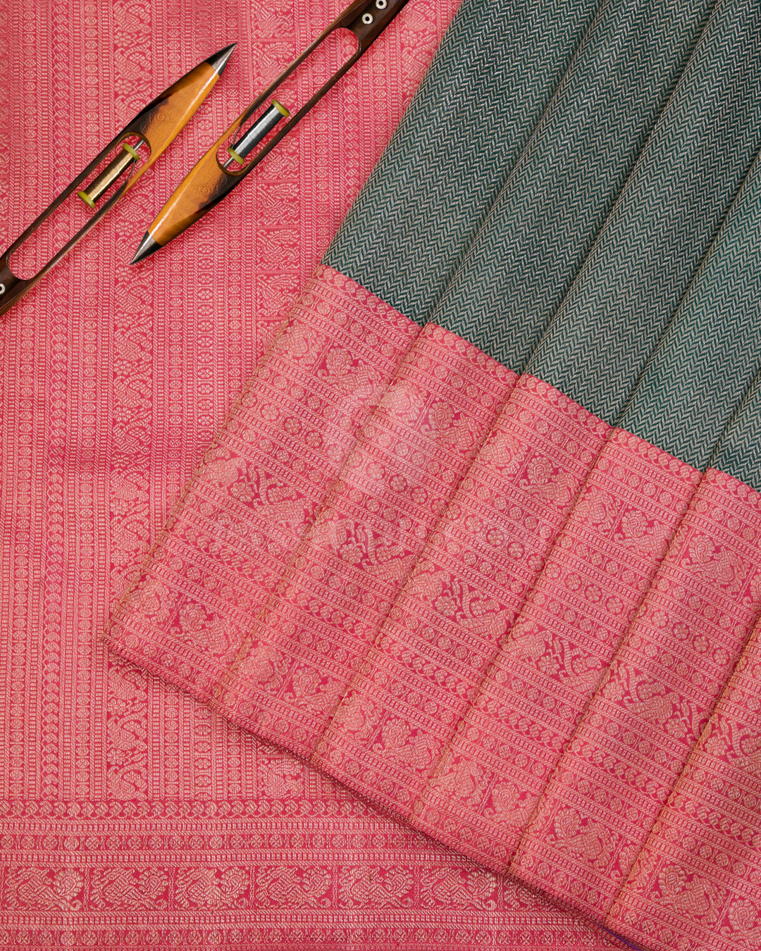 Pink Green & Coral Orange Kanjivaram Silk Saree - S988 -View 2