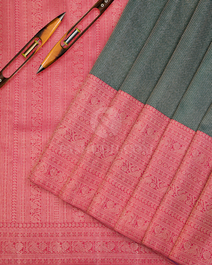 Pink Green & Coral Orange Kanjivaram Silk Saree - S988 -View 2