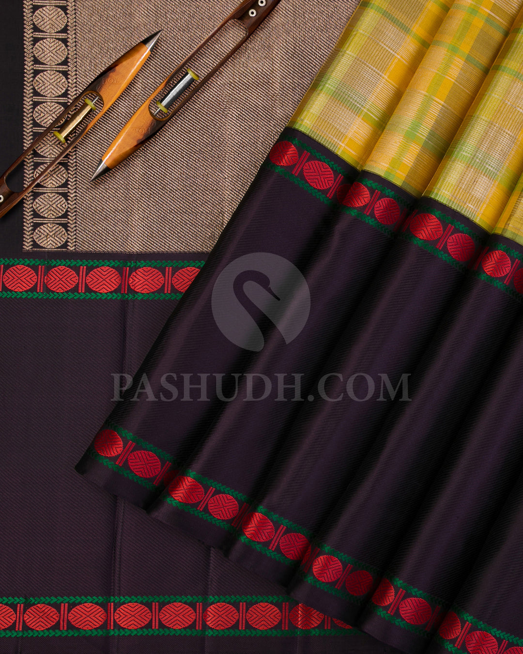 Yellow, Green And Aubergine Kanjivaram Silk Saree - S1163(A) - View 2