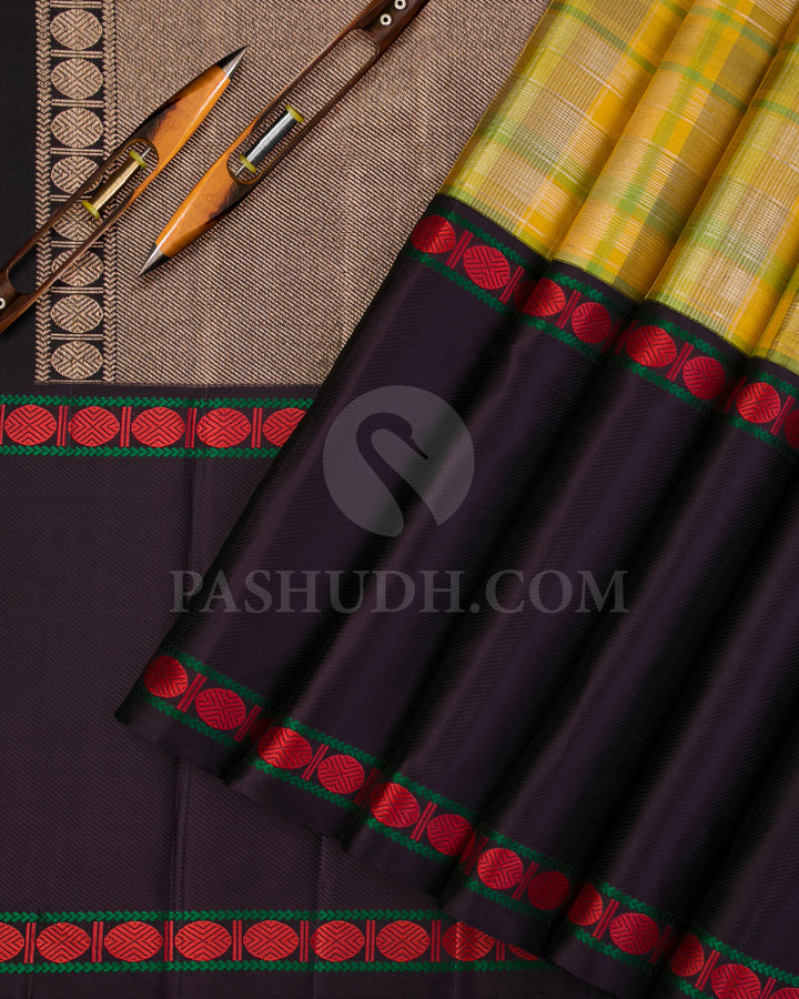 Yellow, Green And Aubergine Kanjivaram Silk Saree - S1163(A) - View 2