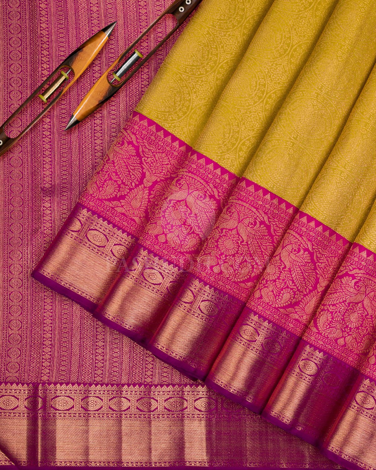 Lime Green, Rani Pink & Violet Kanjivaram Silk Saree - S1099(A) - View 2