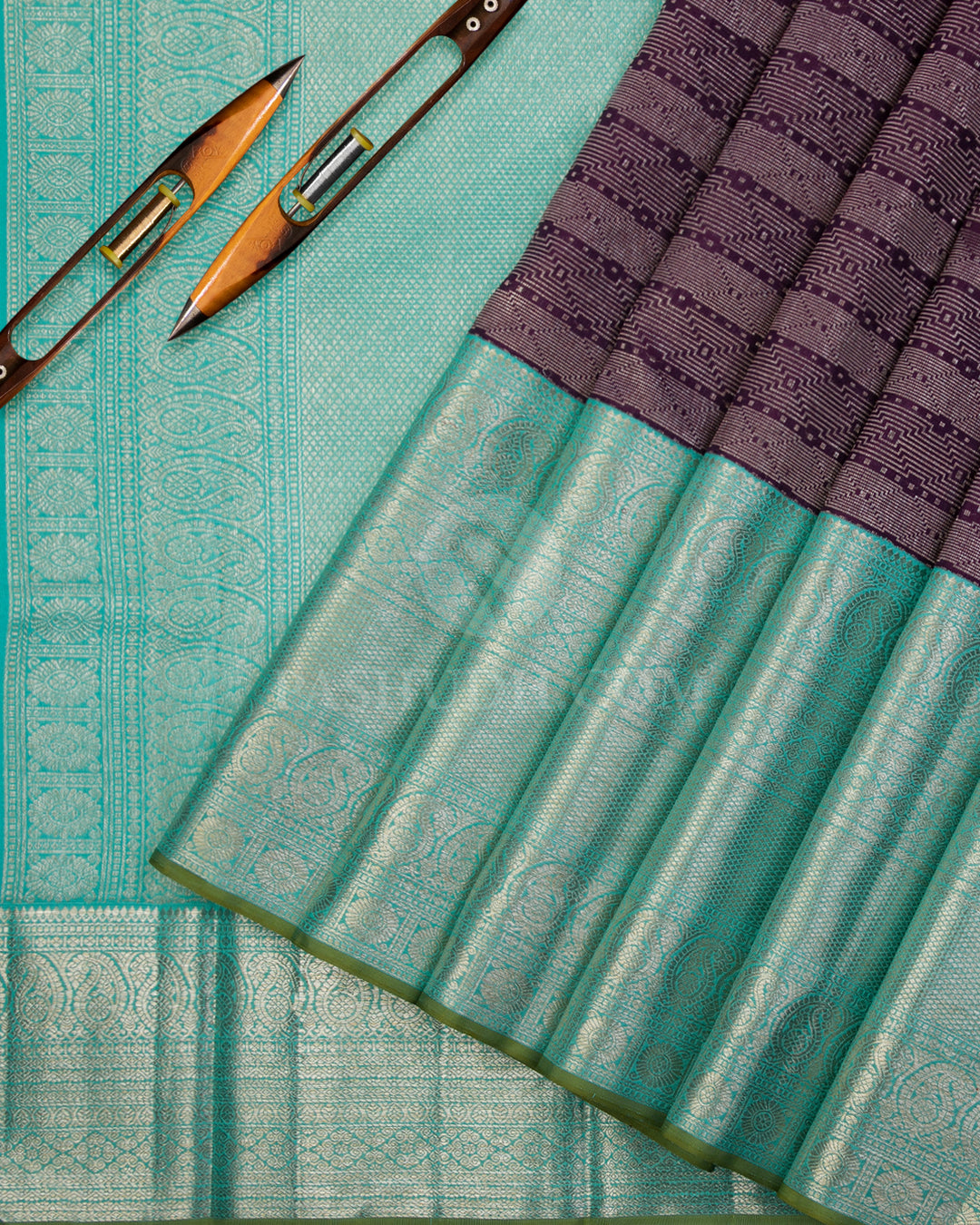 Purple & Sky Blue Kanjivaram Silk Saree - S1047(A) - View 2