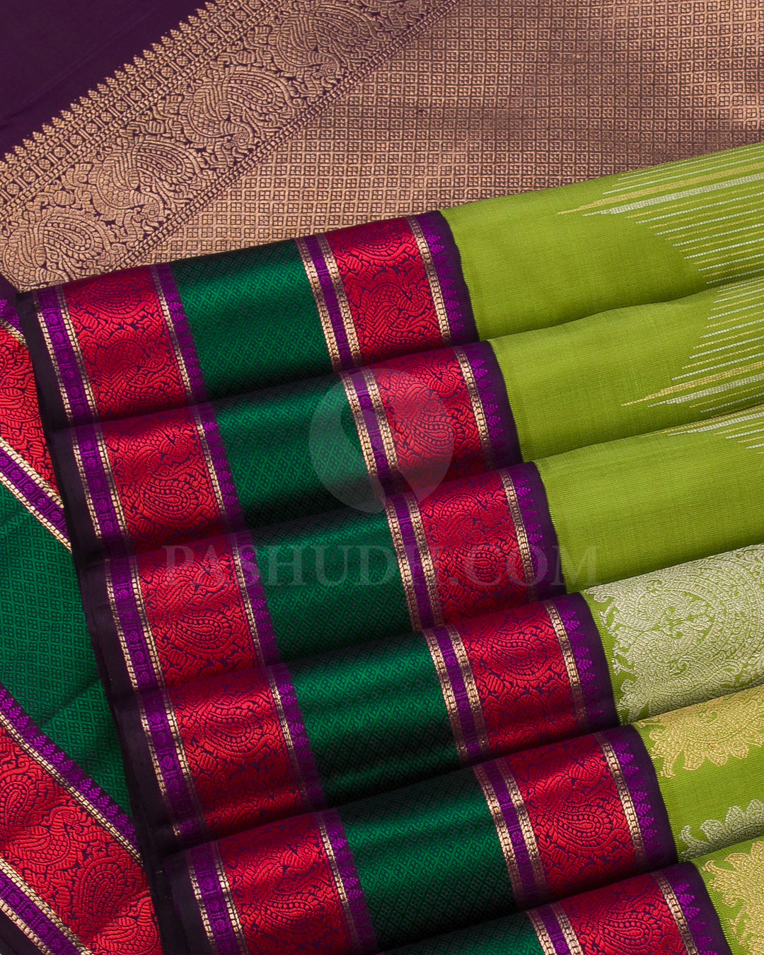 Pear Green, Aubergine, Red, Green And Magenta Kanjivaram Silk Saree - S1257(A)