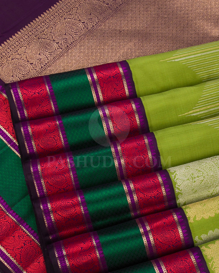 Pear Green, Aubergine, Red, Green And Magenta Kanjivaram Silk Saree - S1257(A)