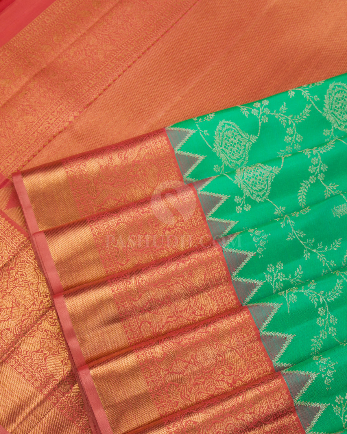 Parrot Green & Light Orange Pure Zari Kanjivaram Silk Saree - S838 -View 5