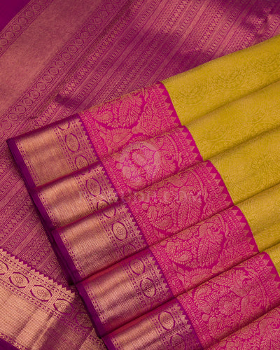 Lime Green, Rani Pink & Violet Kanjivaram Silk Saree - S1099(A) - View 4
