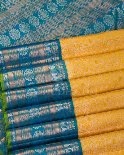 Corn Yellow and Peacock Blue Kanjivaram Silk Saree - S1193(A) - View 4