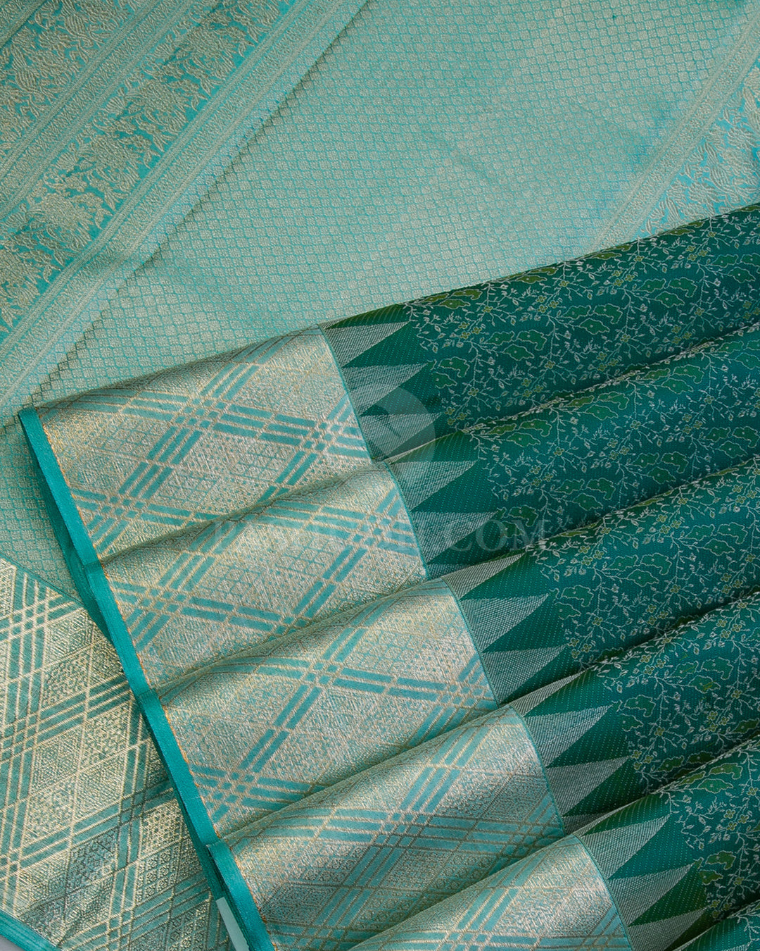 Pine Green and Sky Blue Kanjivaram Silk Saree from Pashudh