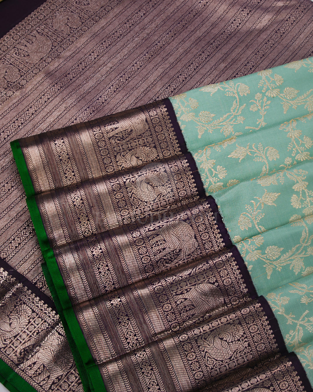 Light Green & Navy Blue Zari Kanjivaram Silk Saree - S826