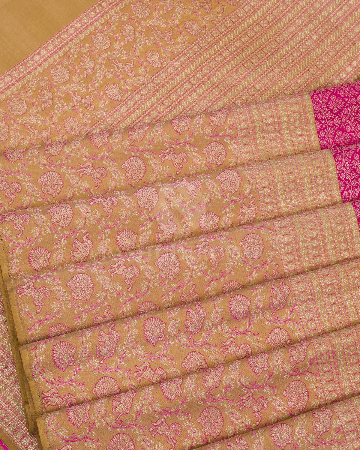 Bright Pink And Dark Beige Kanjivaram Silk Saree - S1095(B) - View 4