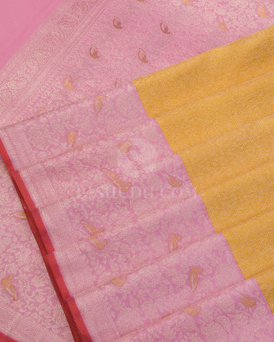 Bright Yellow & Baby Pink Kanjivaram Silk Saree - S1059(A) - View 4