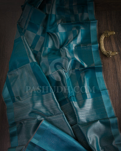 Pine Green and Light Blue Kanjivaram Silk Saree - D509(C)