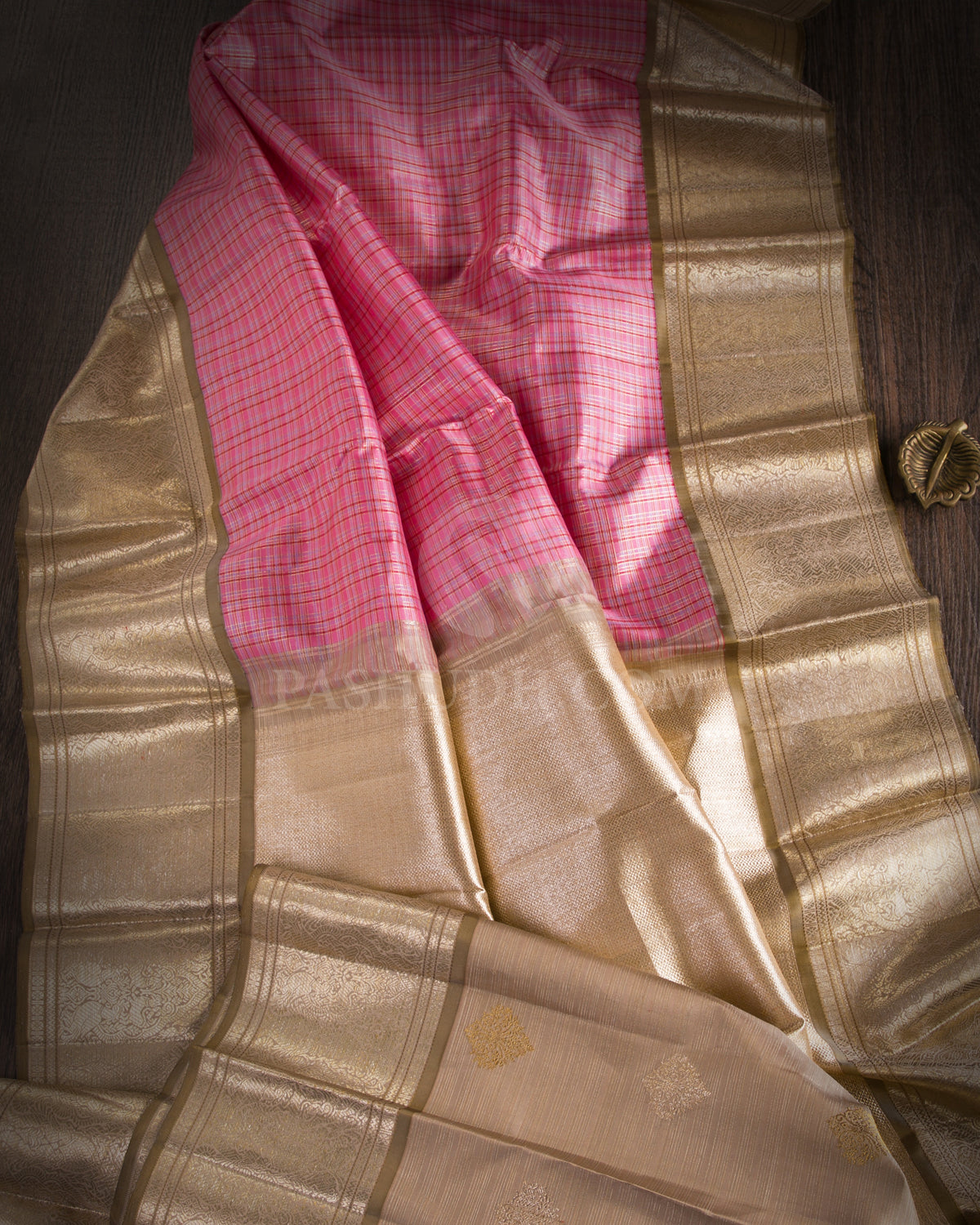 Baby Pink & Khaki Kanjivaram Silk Saree - S1073(A) - View 1