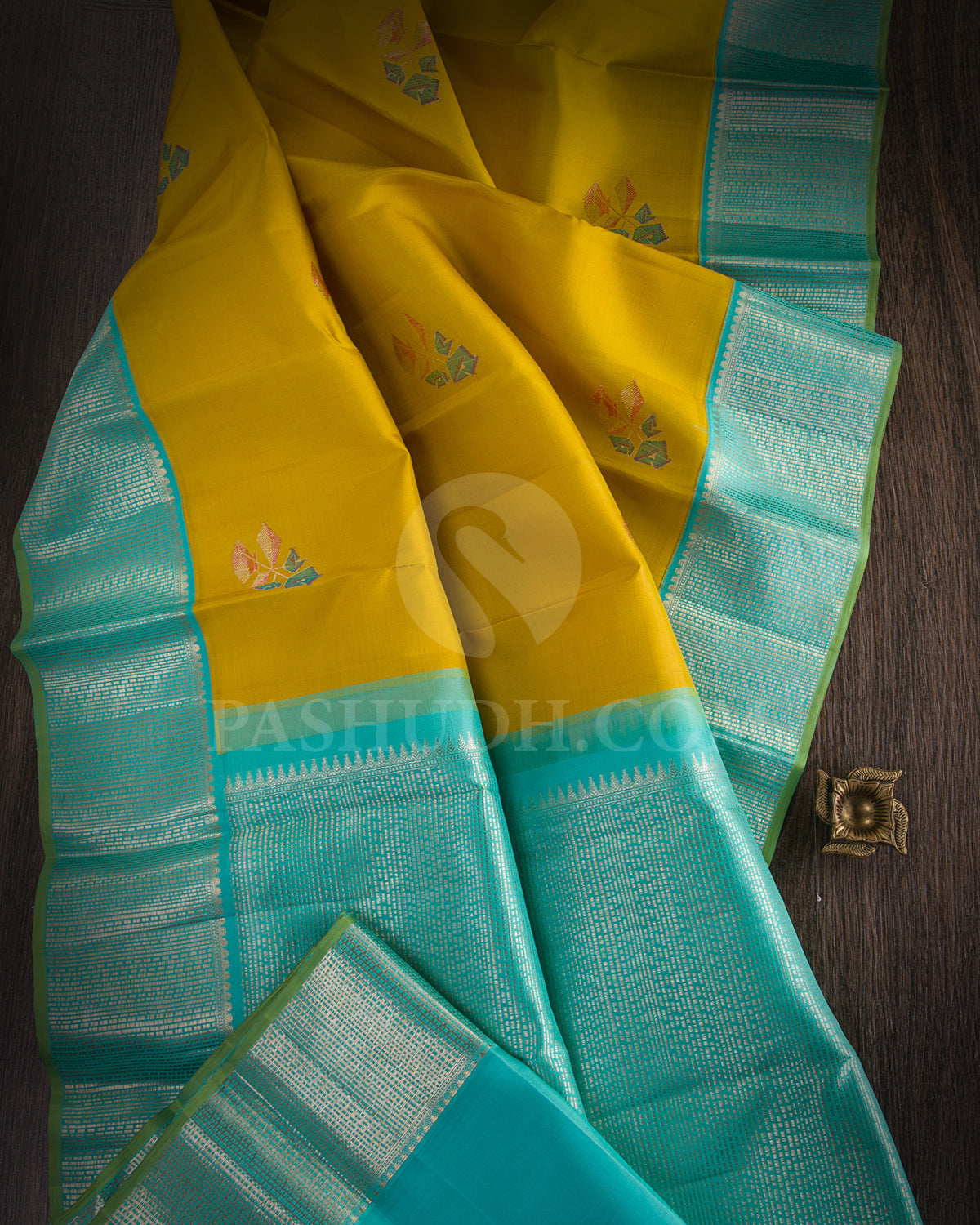 Mustard Yellow And Turquoise Blue Kanjivaram Silk Saree - S1153(B) - View 1