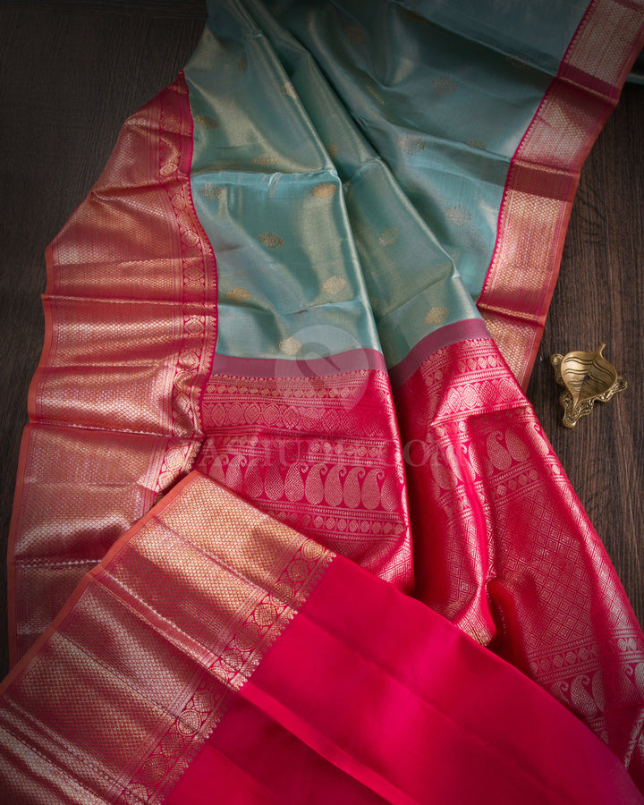 Powder Blue and Pinkish Red Kanjivaram Silk Saree - S1079(A) - View 1