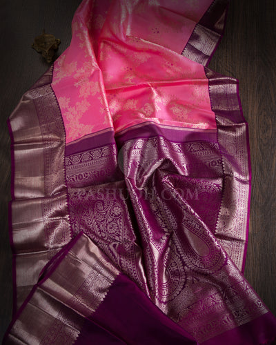 Bright Baby Pink & Violet Kanjivaram Silk Saree - S1093(A) - View 1