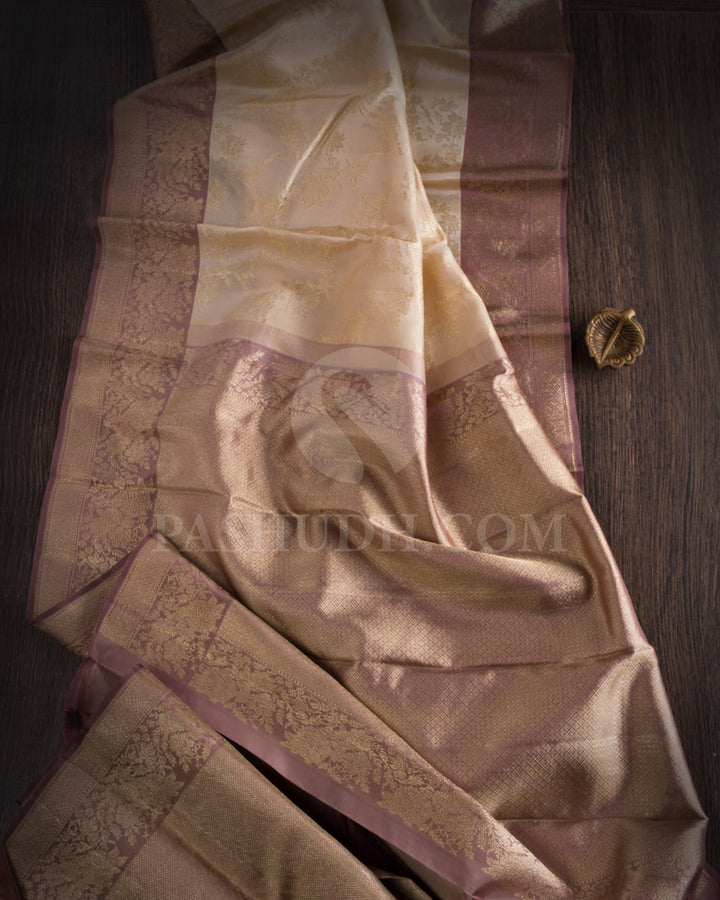 Cream And Mild Coffee Brown Kanjivaram Silk Saree -D594(C)