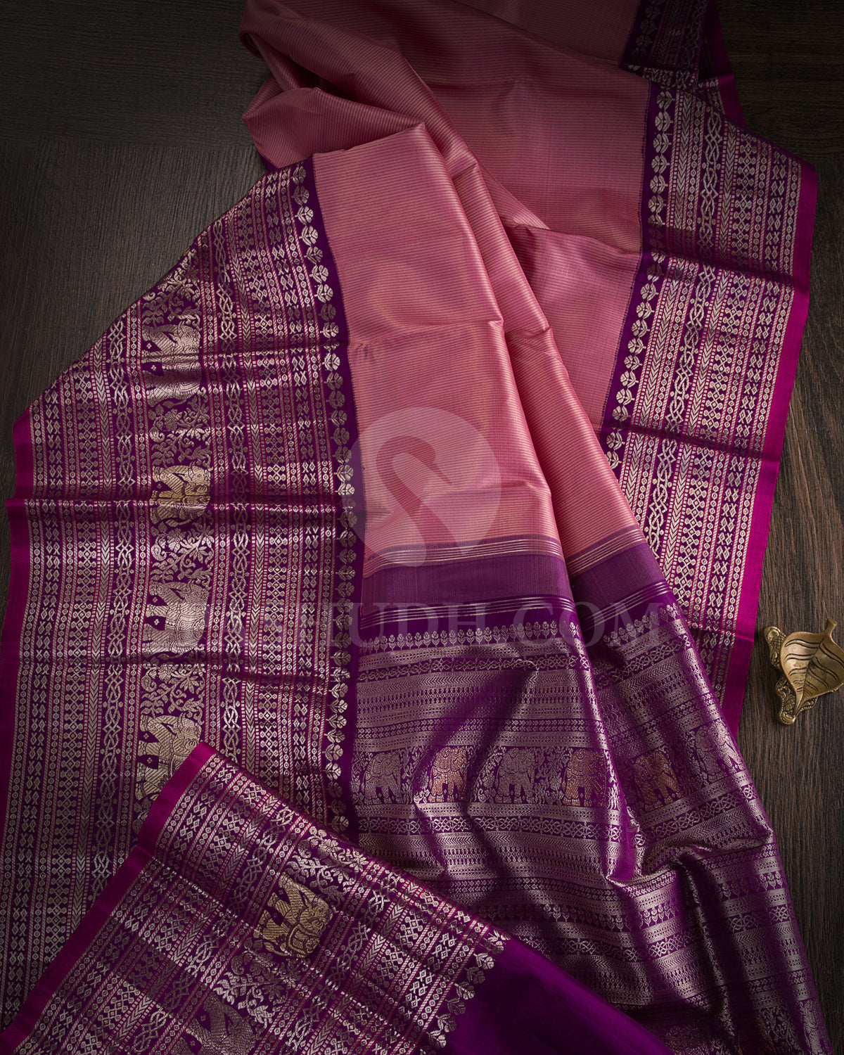 Baby Pink and Dark Violet Kanjivaram Silk Saree - S1142(B) - View 1