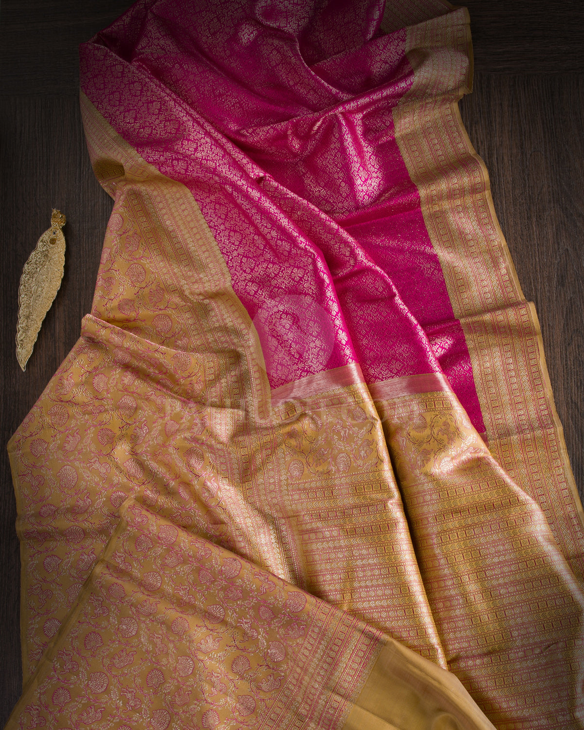 Bright Pink And Dark Beige Kanjivaram Silk Saree - S1095(B) - View 1