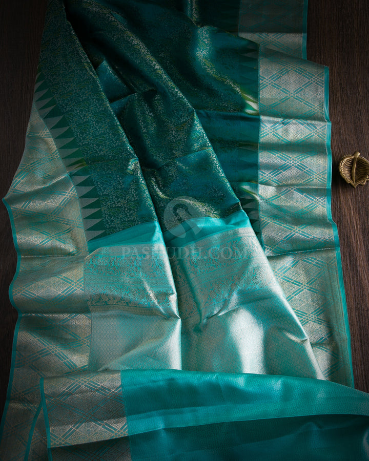 Pine Green and Sky Blue Kanjivaram Silk Saree from Pashudh
