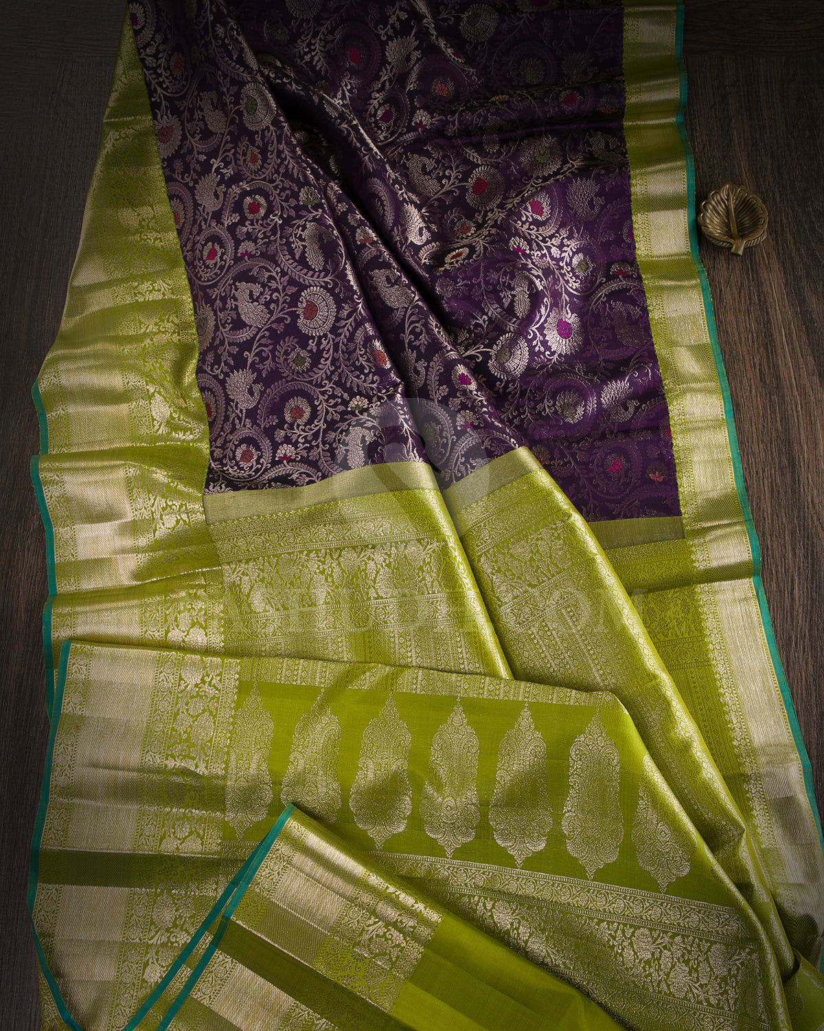 Dark Purple And Parrot Green Kanjivaram Silk Saree - S1197(A) - View 1