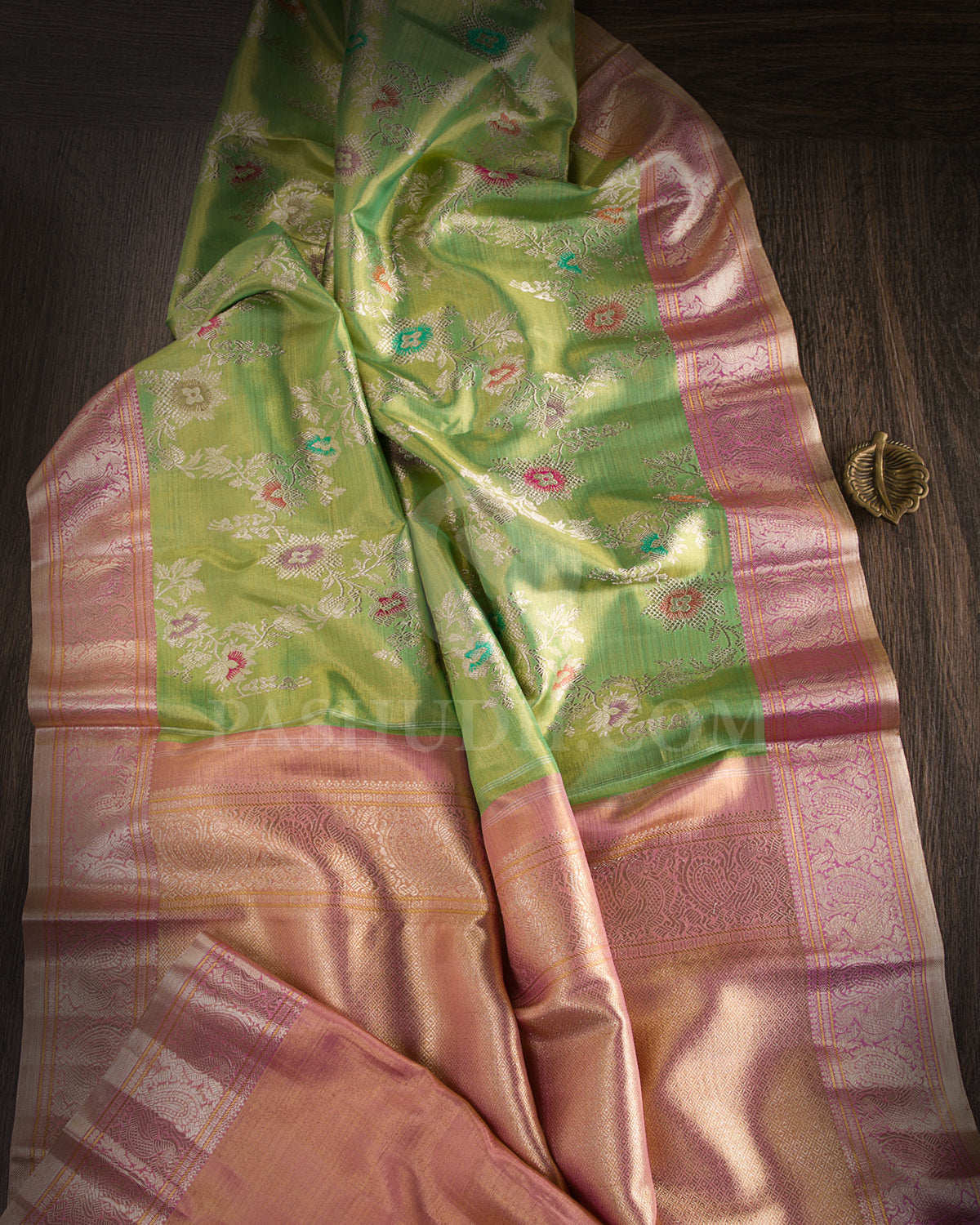 Parrot Green And Baby Pink Pure Zari Kanjivaram Silk Saree - P157(A) - View 1