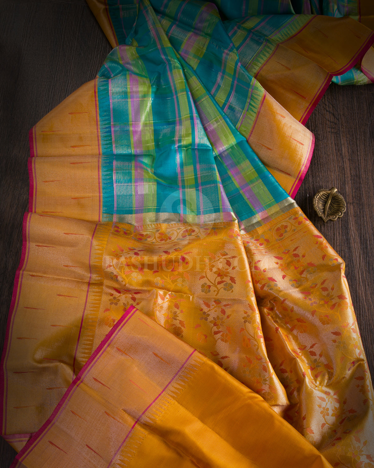 Anandha Blue & Mild Orange Pure Zari Kanjivaram/Paithani Silk Saree - P143(A) - View 1