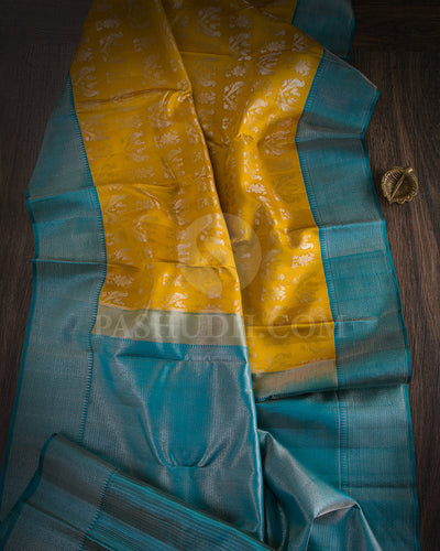 Golden Yellow and Teal Blue Kanjivaram Silk Saree - DT273(A)