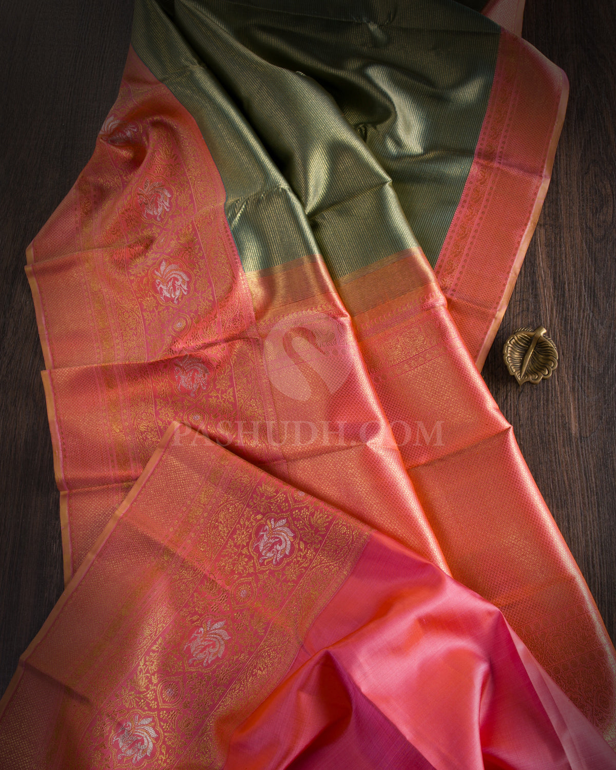 Olive Green & Pink Shot Orange Pure Zari Kanjivaram Silk Saree - P139(A) - View 1