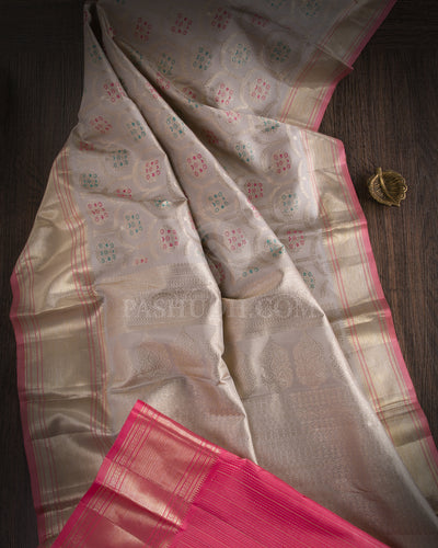 Ash Grey And Baby Pink Kanjivaram Silk Saree - S1052(B) - View 1