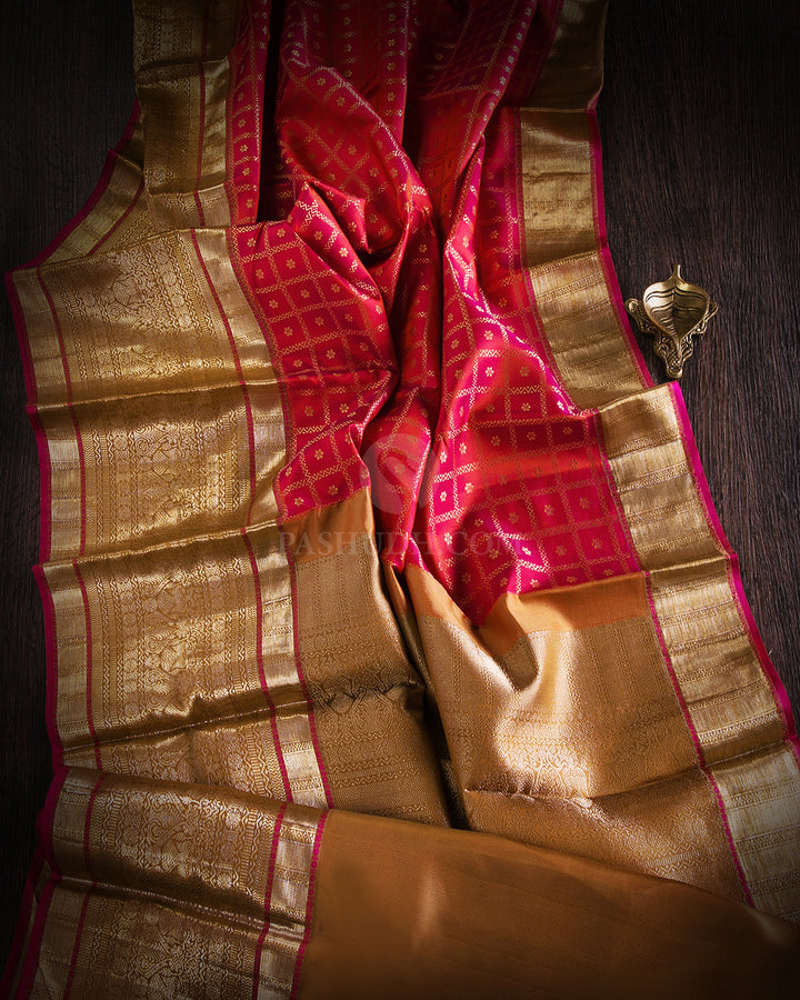 Pink Shot Red and Khaki Kanjivaram Silk Saree - DT204