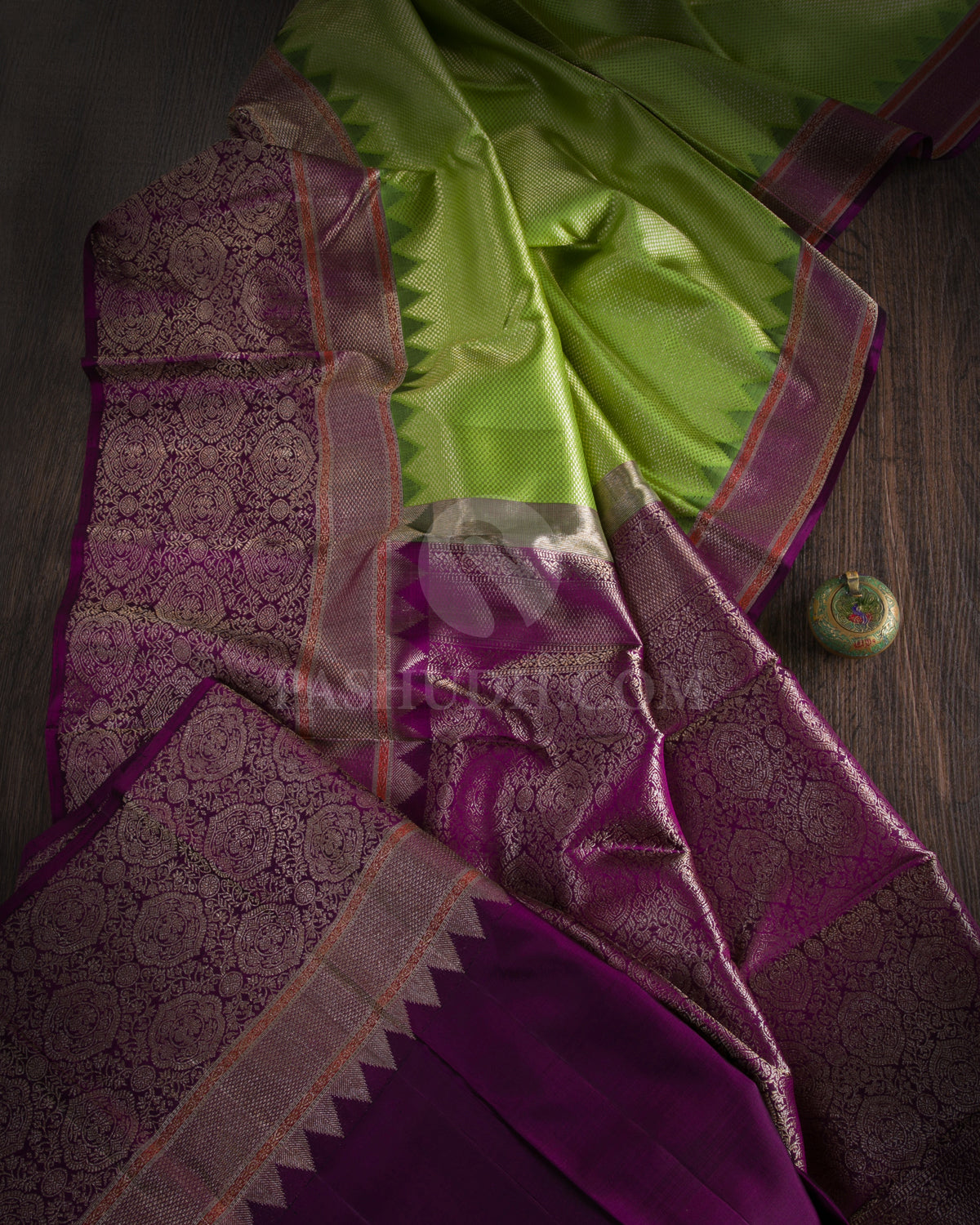 Parrot Green & Violet Kanjivaram Silk Saree - S1064(A) - View 1